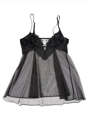 Victoria’s Secret Black Lace Mesh Babydoll Chemise Womens Medium Sheer Lingerie